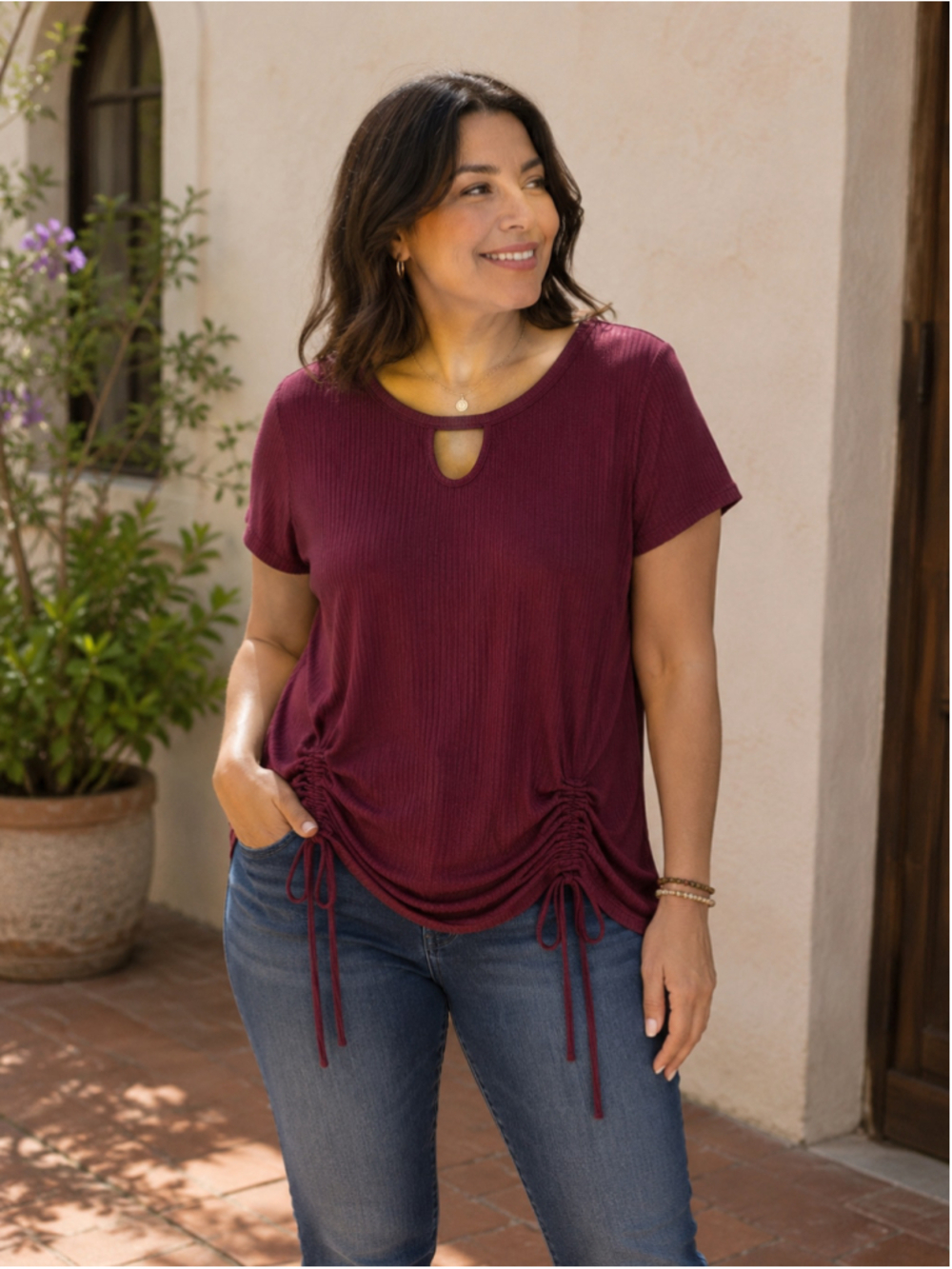 No Boundaries Burgundy Ruched Drawstring Ribbed Tee Women's XXXL (b4)